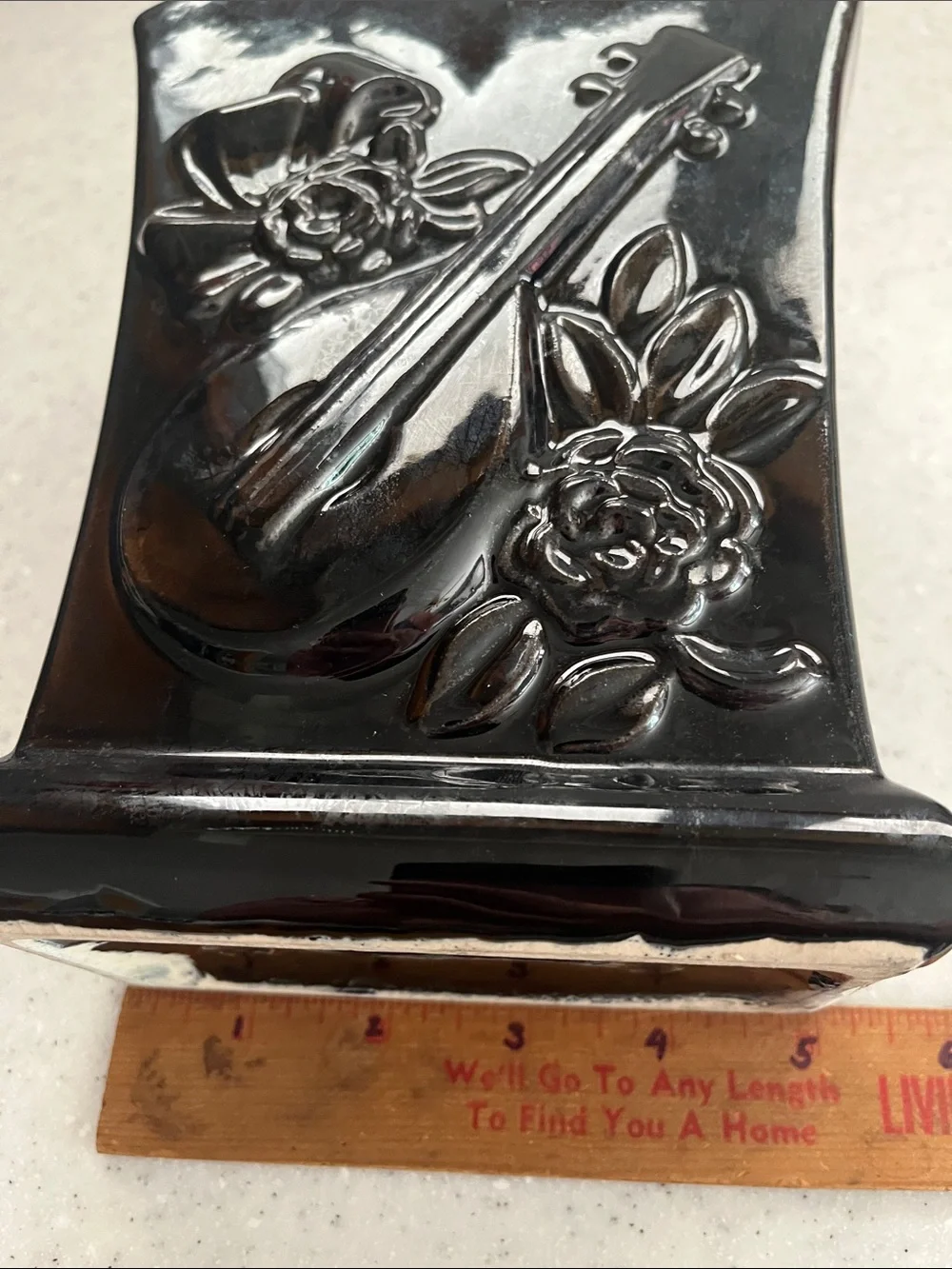 Vtg USA Art Pottery 216 BLACK Planter Vase Raised Mandolin & Roses Floral *READ*